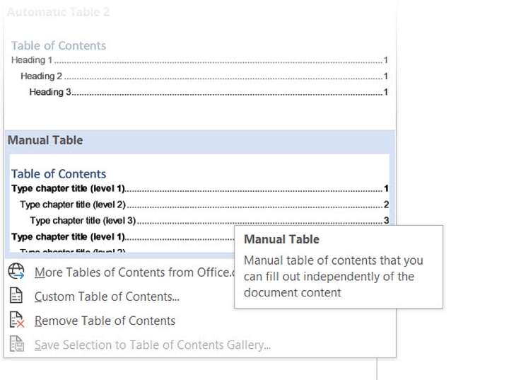 ms word build a table of contants