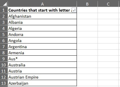 wildcard characters tilde - list of countries