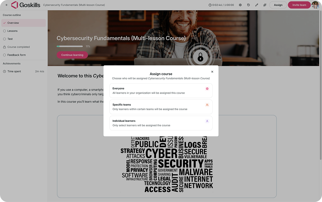 Assign a custom course to everyone, specific teams, or individual learners in GoSkills.