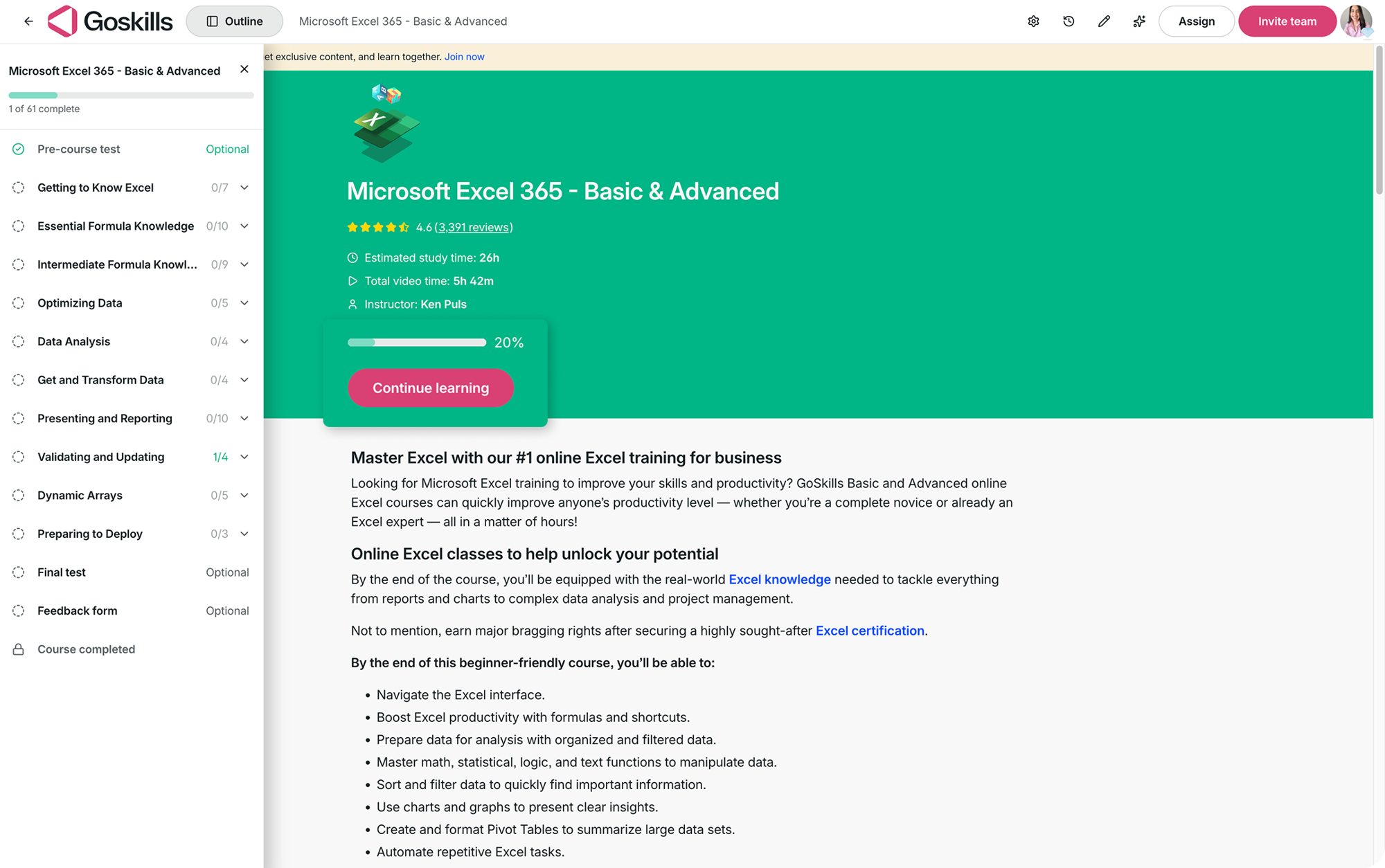 Alt text: Microsoft Excel 365 course overview showing 20% course progress and the course outline open.