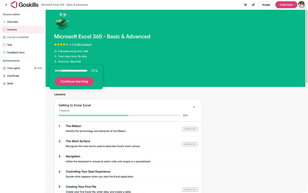 Learner view showing the course progress bar in a GoSkills course.