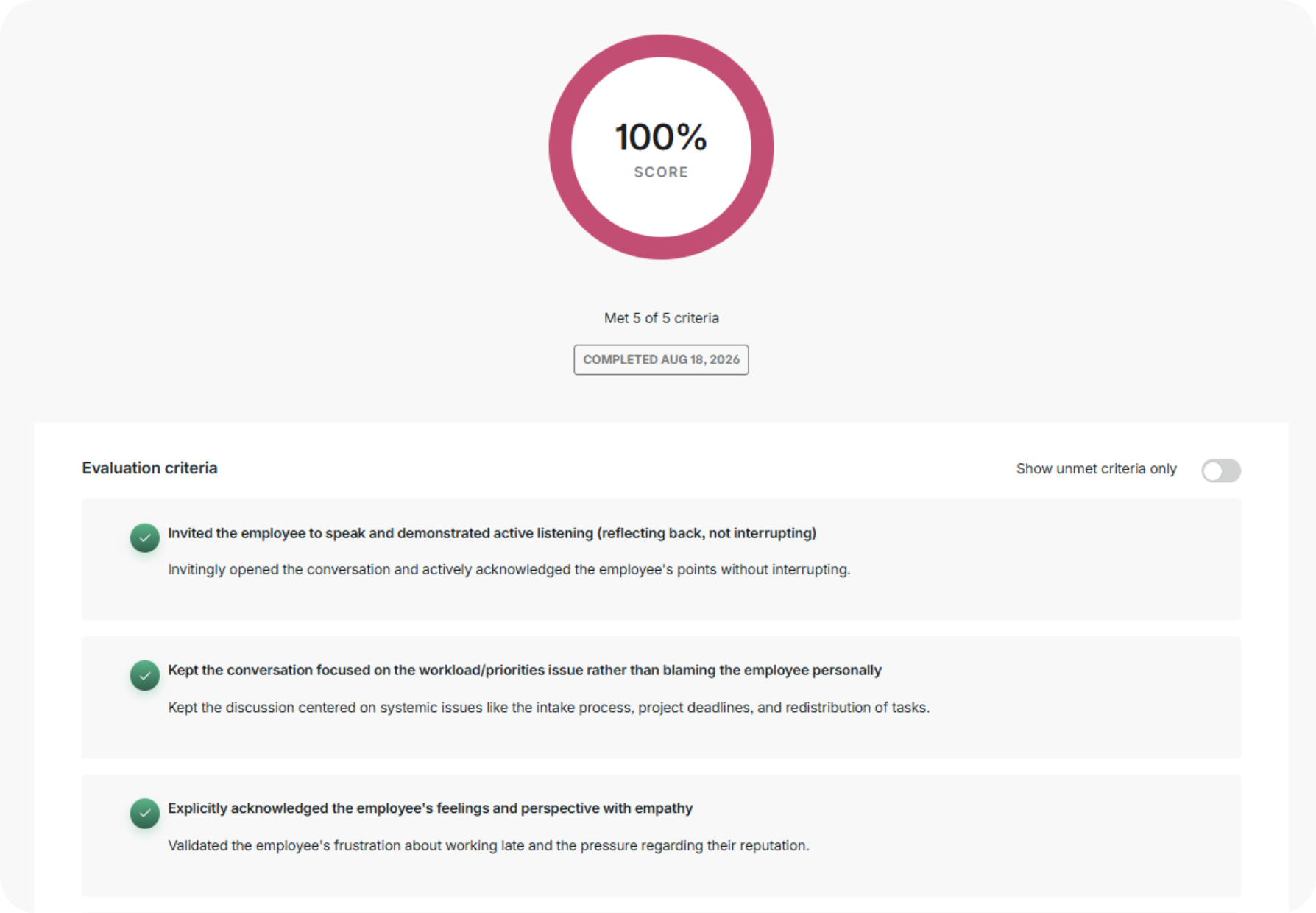 Scenario results and learner feedback displayed in GoSkills reports.