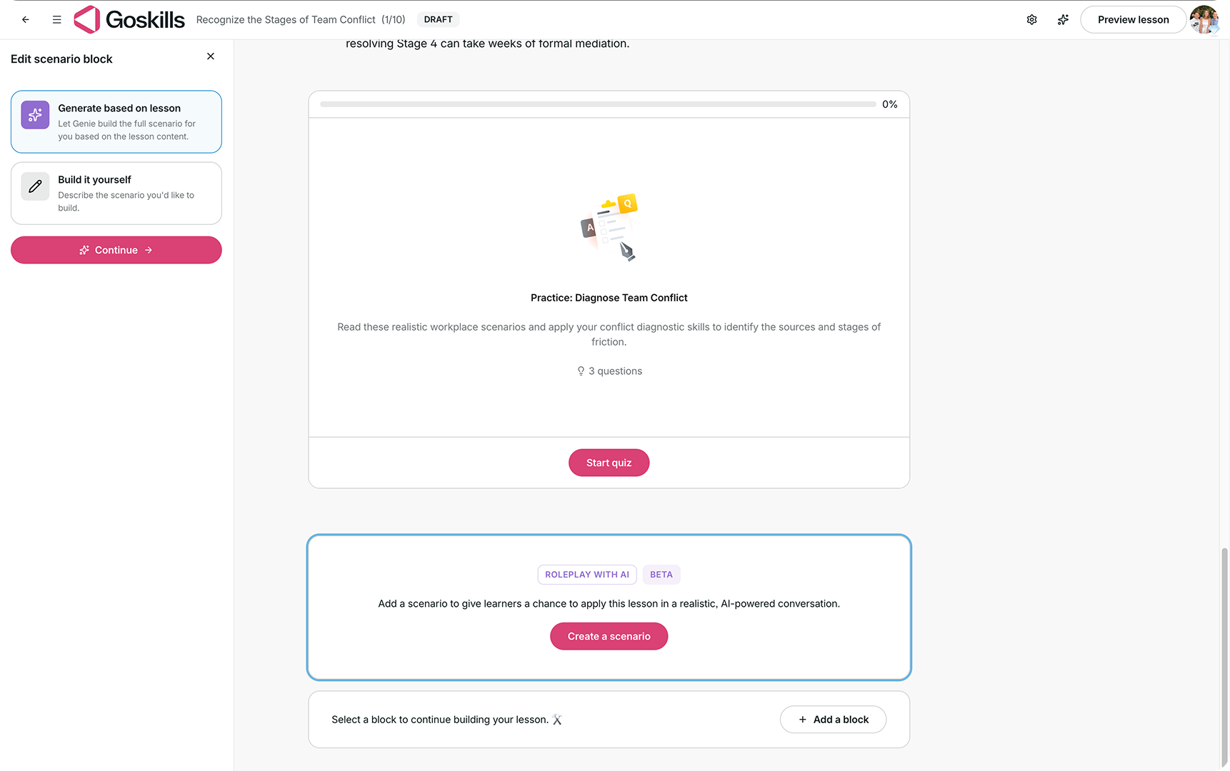 Options to generate a Scenario with Genie or build one yourself.