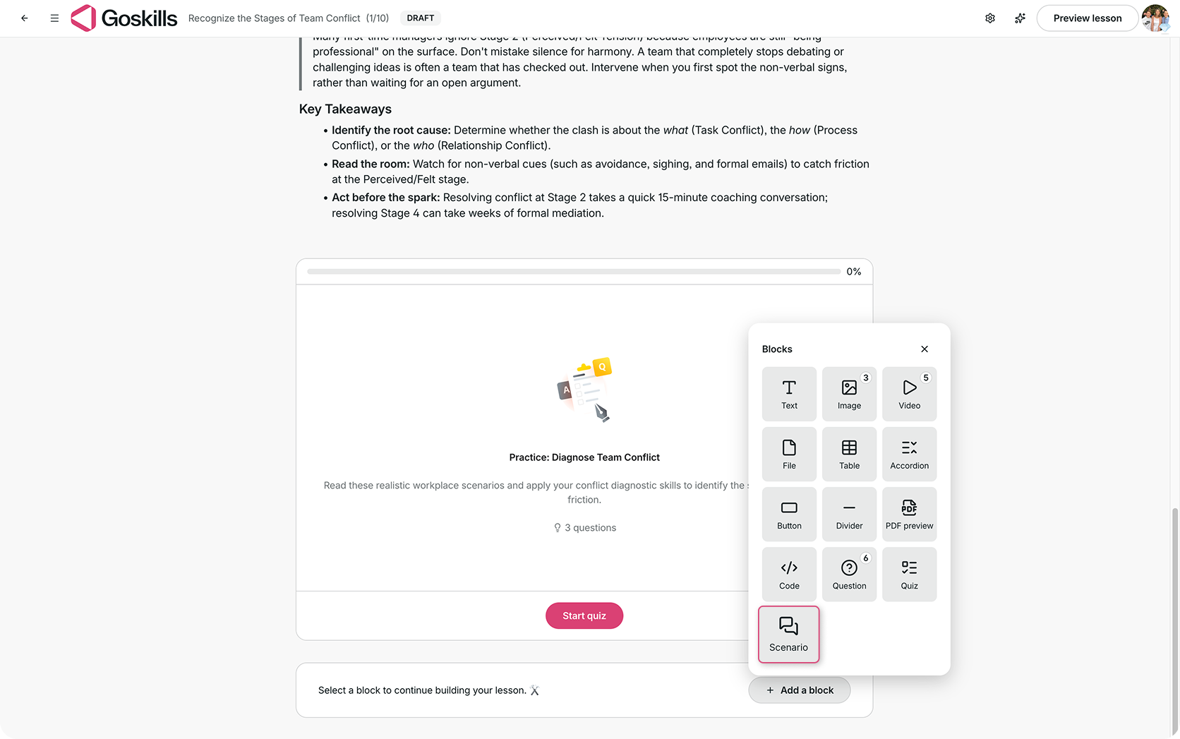Add a Scenario block to a lesson in the GoSkills Course Builder.