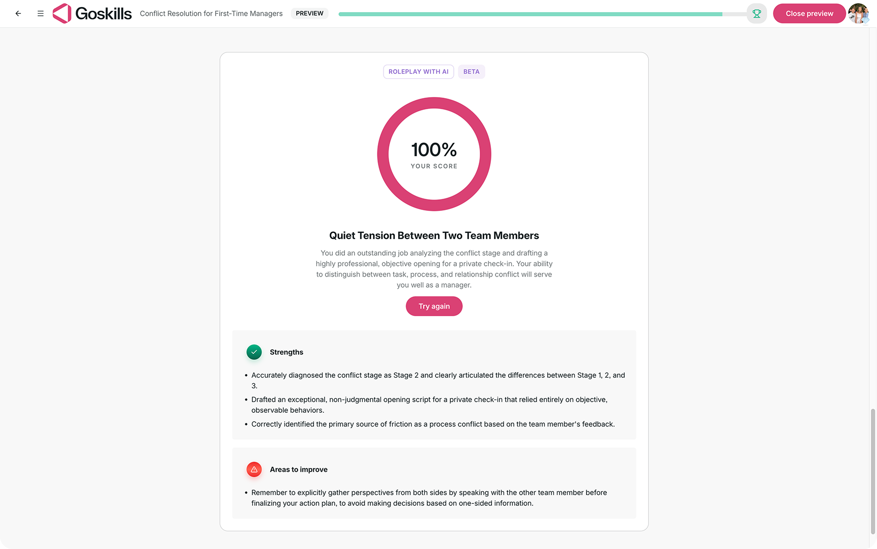 Learner receives a score and personalized feedback after completing a Scenario.