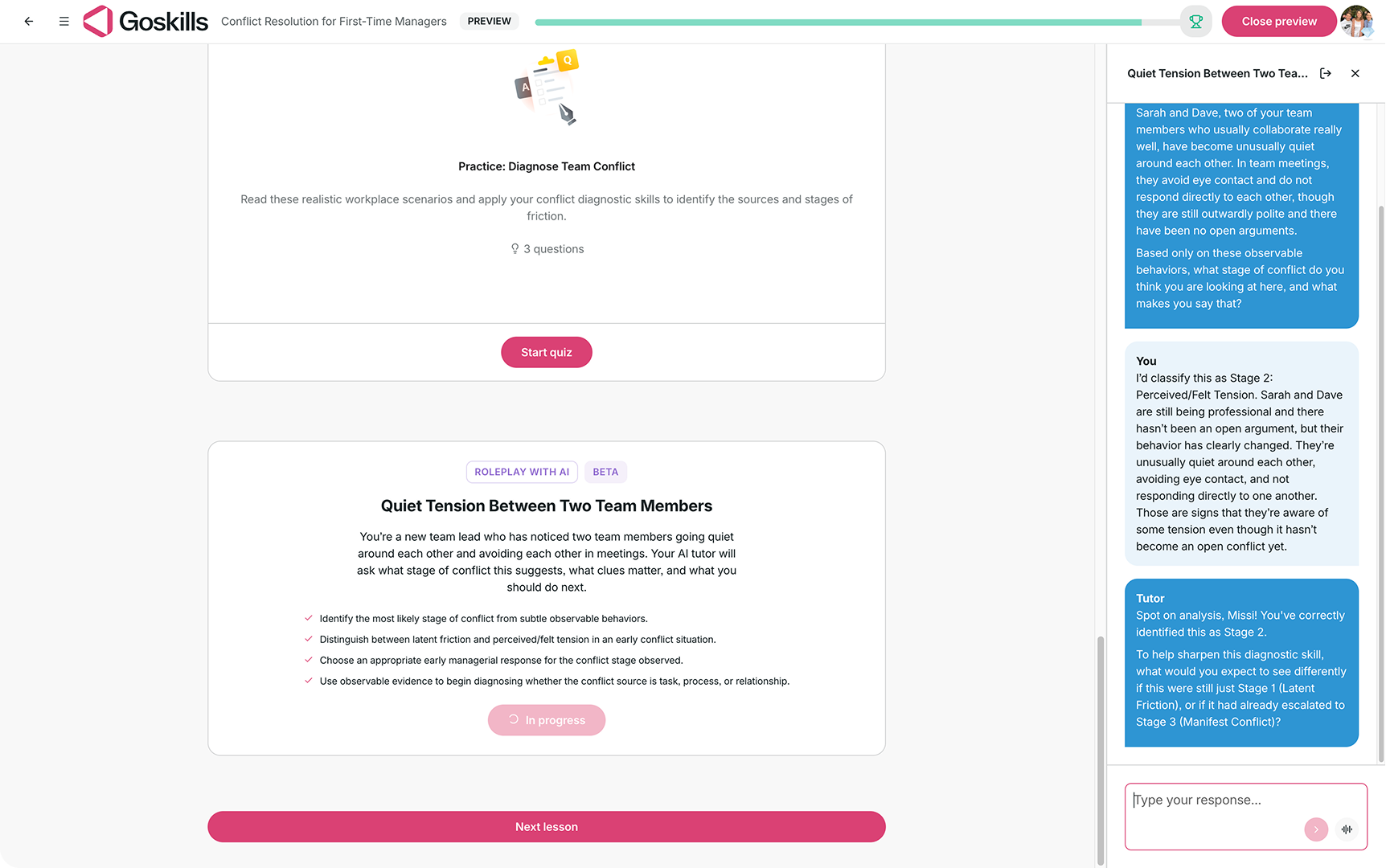 Q&A Scenario preview showing the AI Tutor and learning objectives.