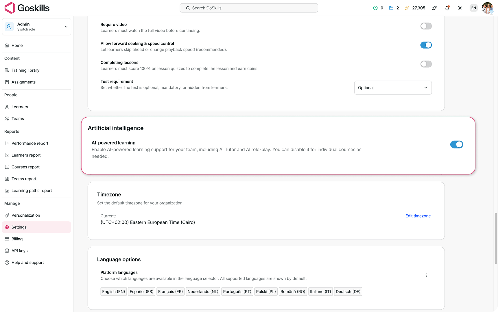 Settings to enable or disable AI-powered learning in GoSkills.