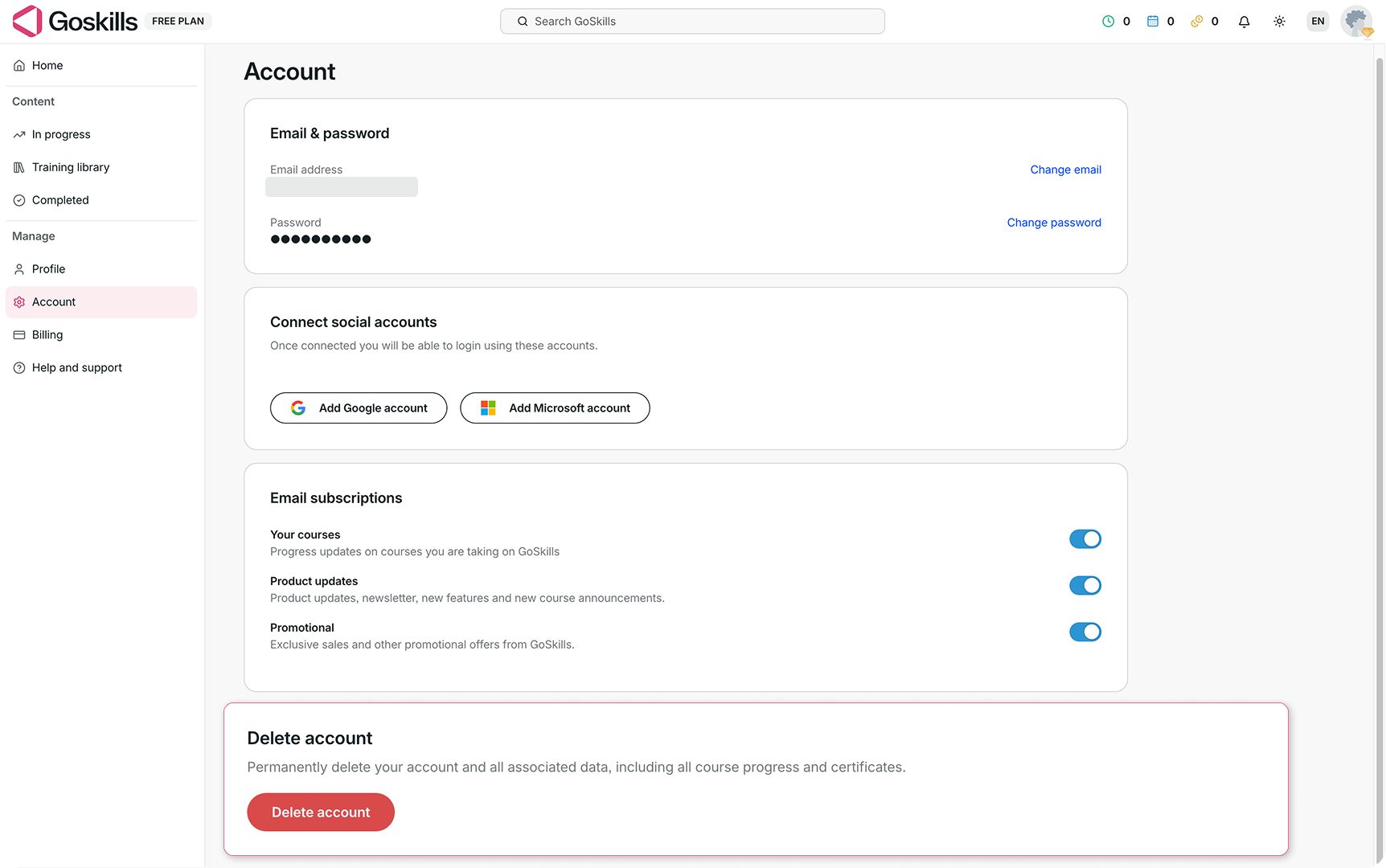 GoSkills Account page showing the Delete account option for permanently deleting an individual account and associated data.