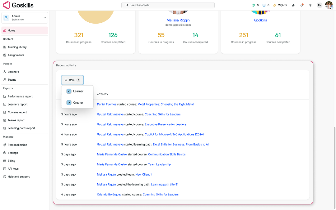 GoSkills Admin dashboard showing the Recent activity section with recent learner and creator actions.