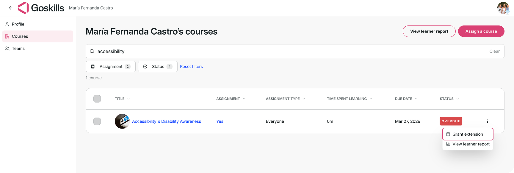 GoSkills learner Courses page showing the Grant extension option for an overdue course.