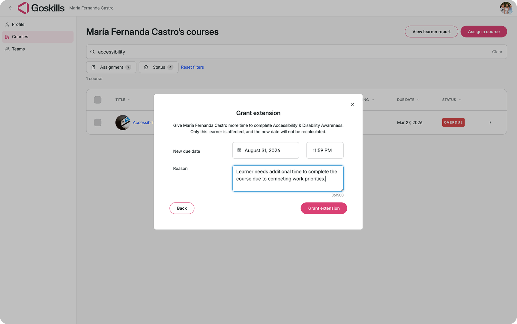 Grant extension window showing fields to set a new course due date and add a reason for the extension.