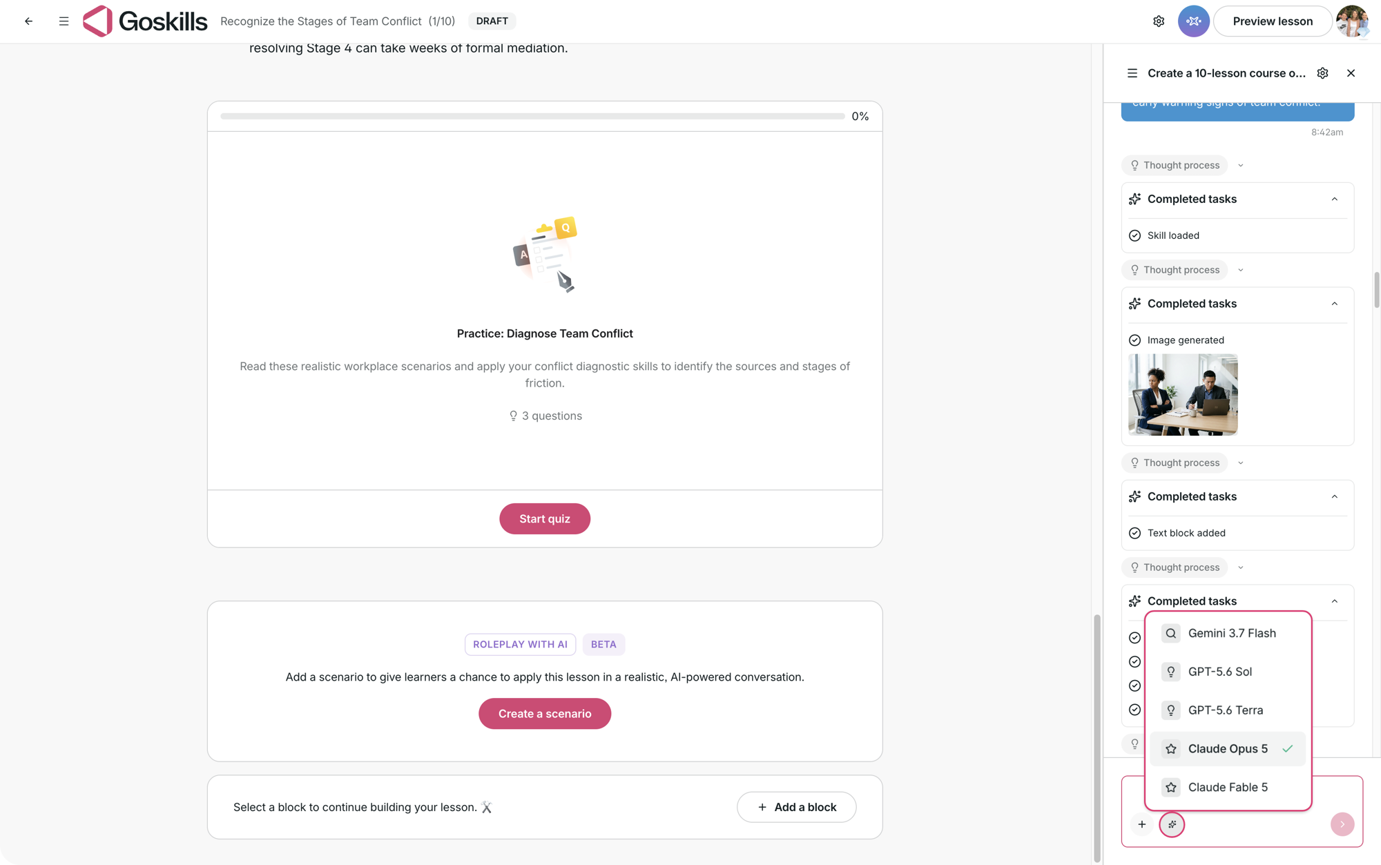 Genie model picker showing the available AI models in the course editor.