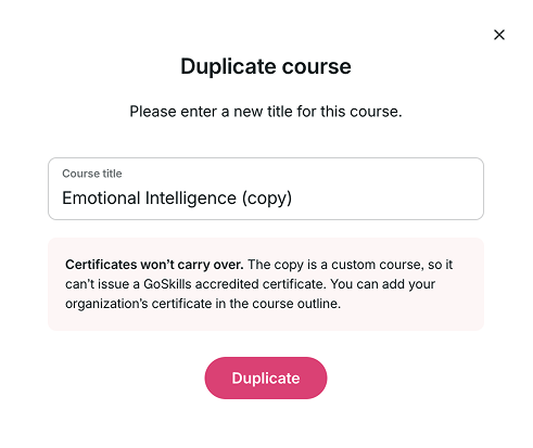 Duplicate course window with a field to enter a new course title.