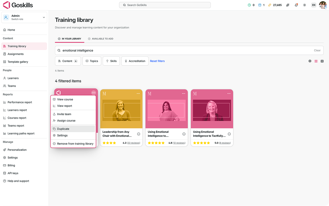 Training library menu showing the Duplicate option for a course.