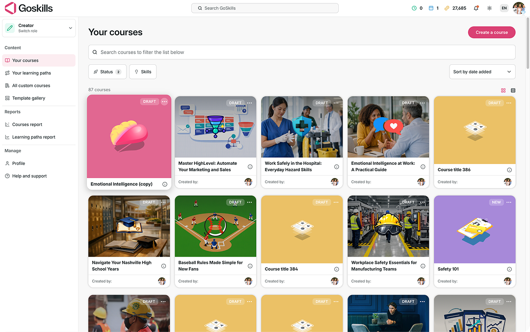 Duplicated course shown as a draft in the Creator course list.