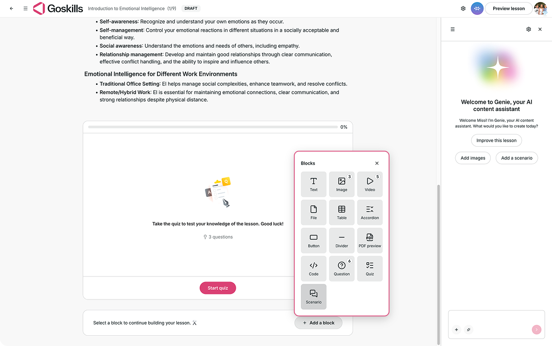 Course editor showing available content blocks, including Scenario.