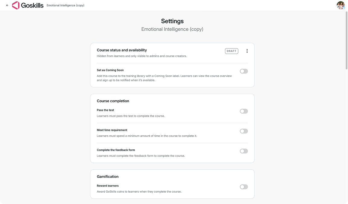 Settings page for a duplicated custom course.