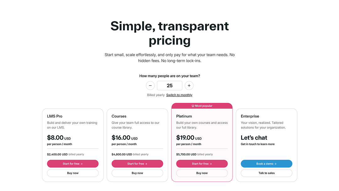 GoSkills organization pricing page showing LMS Pro, Courses, Platinum, and Enterprise plans for a 25-person team with yearly billing selected.
