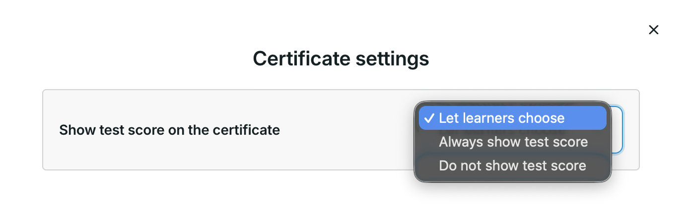 Certificate settings showing options for displaying the final test score.