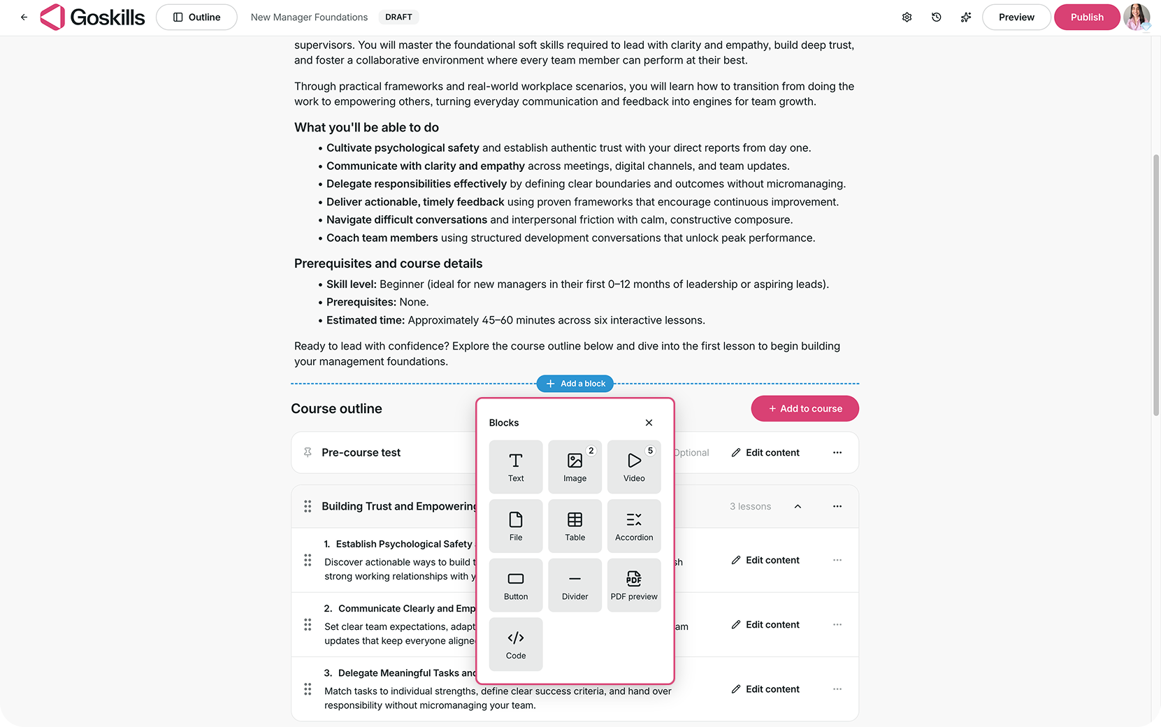 Add a block menu showing content options for the course overview page.