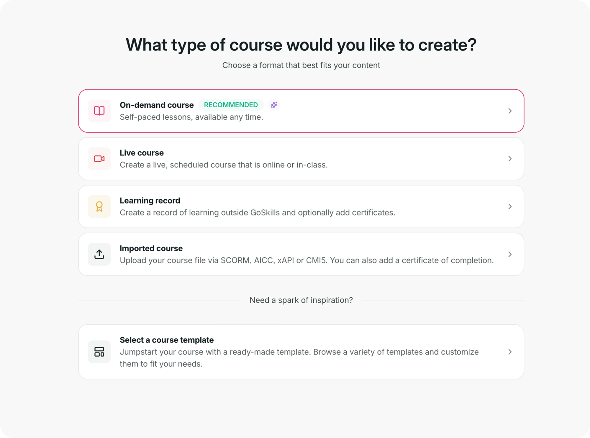 GoSkills course creation screen with the On-demand course option highlighted.