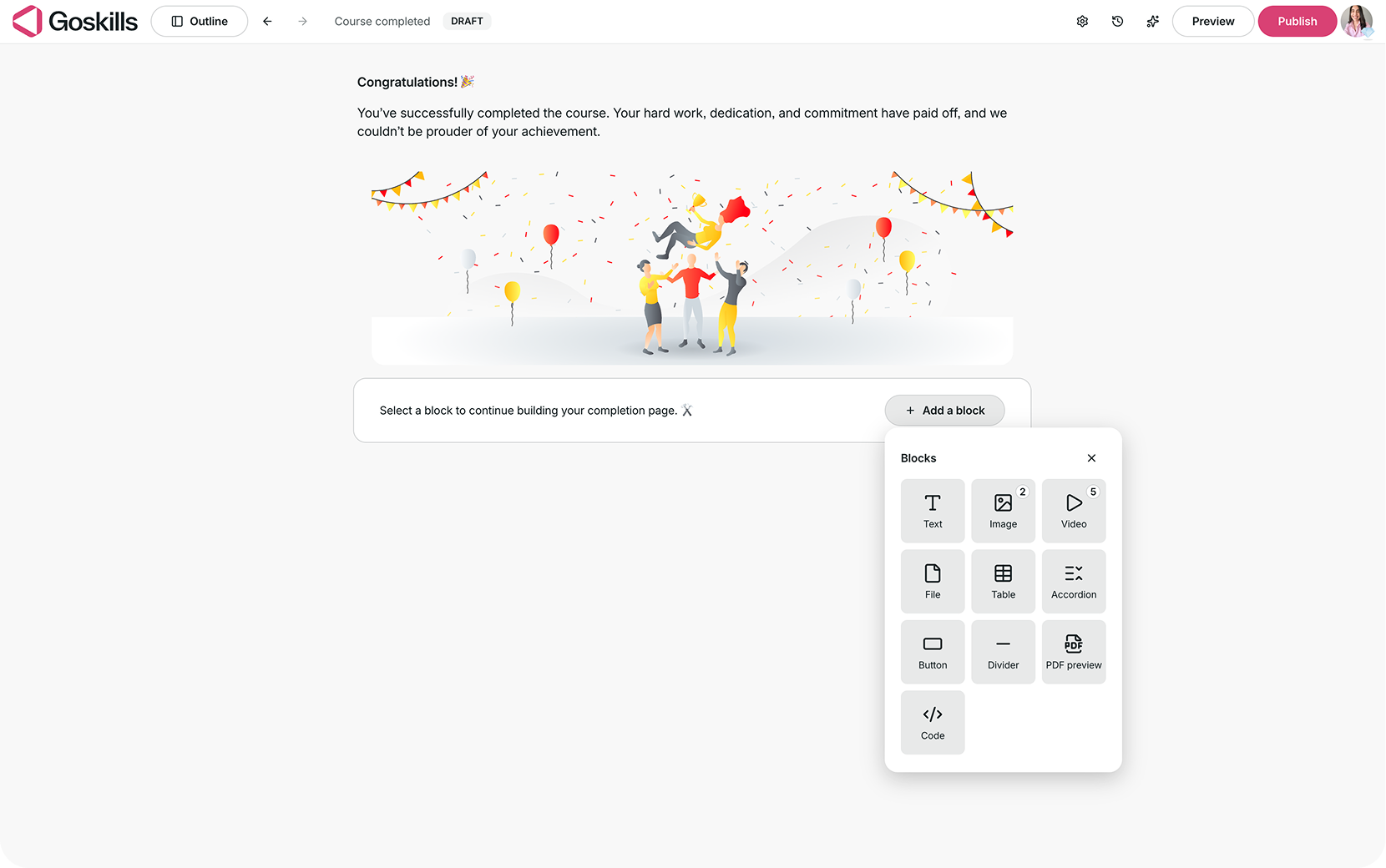 Completion page editor showing the available content blocks.