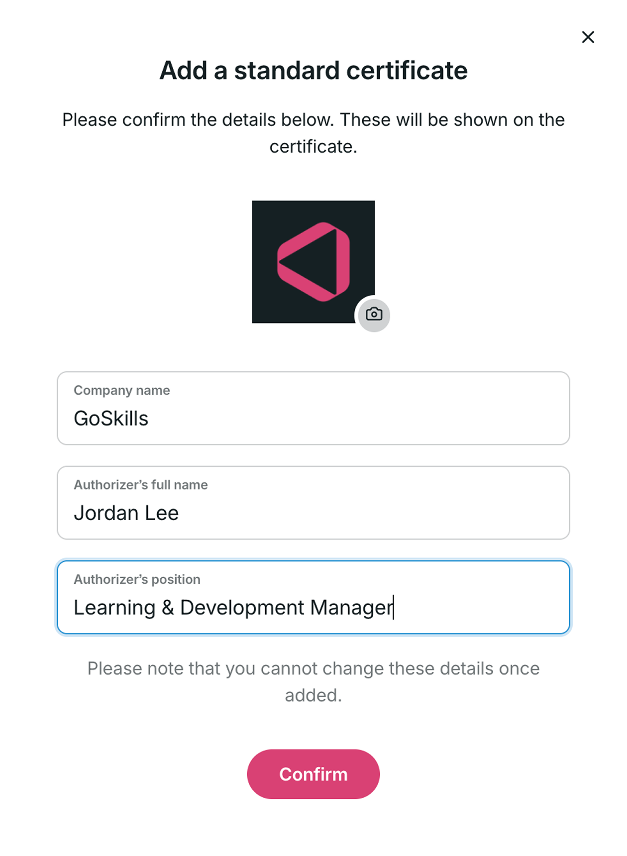 Standard certificate setup showing company and authorizer details.