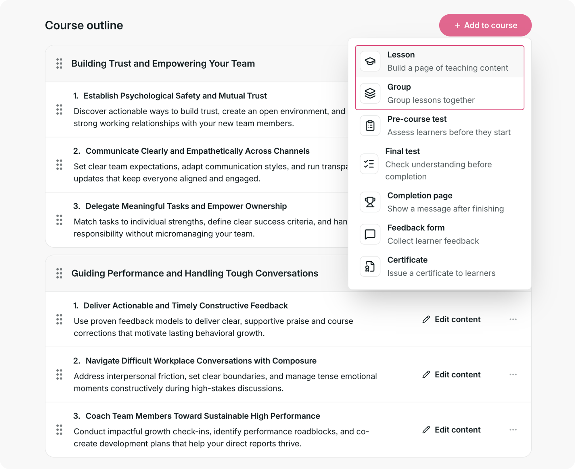 Course outline showing lessons organized into groups.