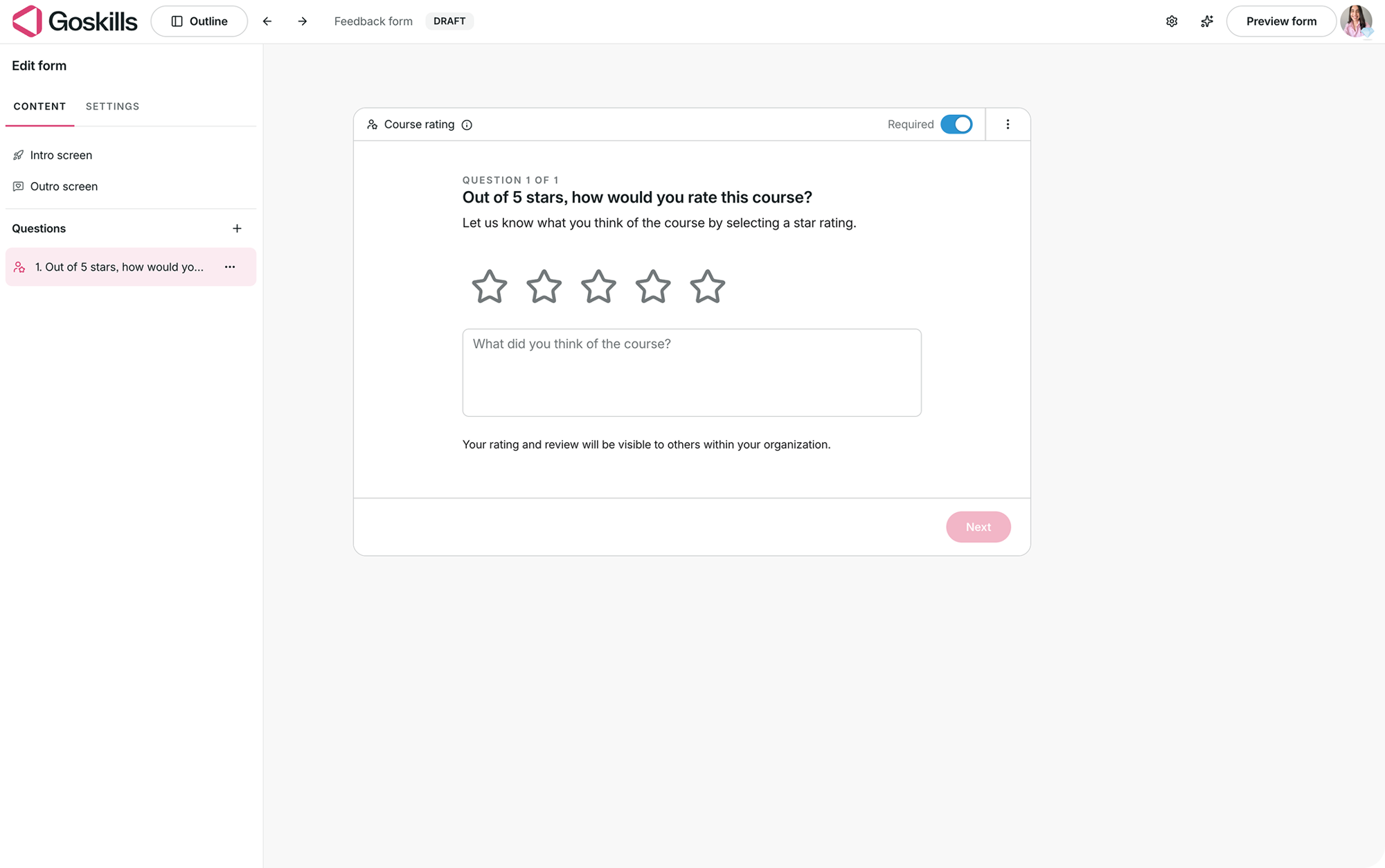 Feedback form editor showing a required course rating question.