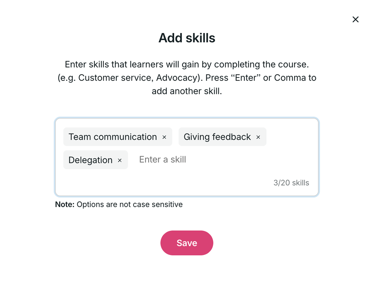 Add skills window with Team communication, Giving feedback, and Delegation added.