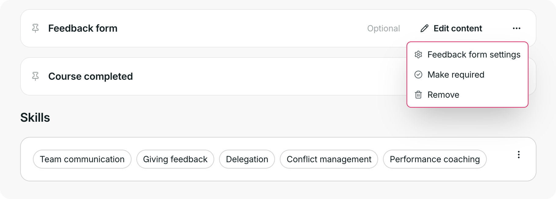Feedback form menu showing settings, Make required, and Remove options.