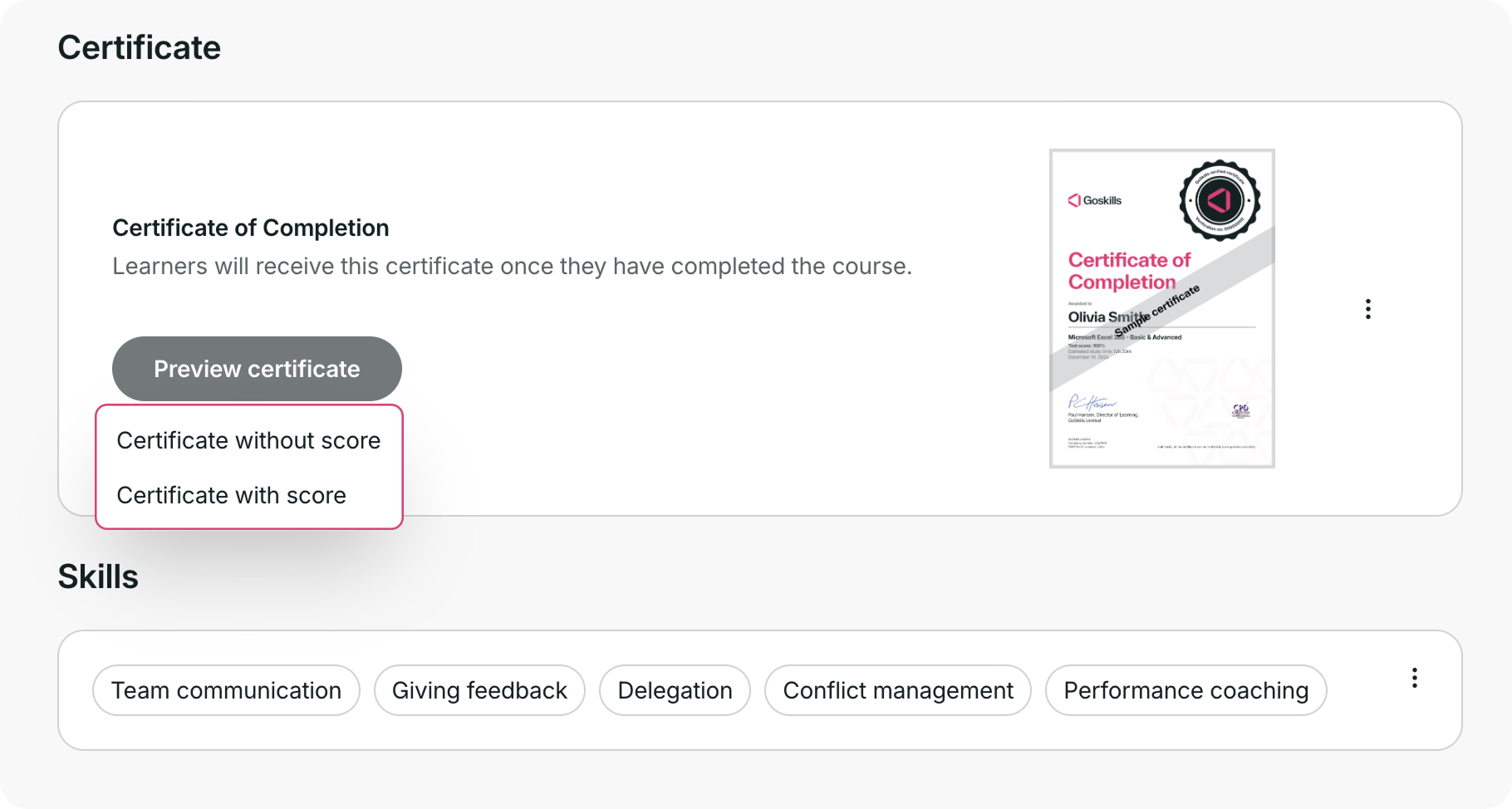 Certificate preview options for certificates with or without a test score.