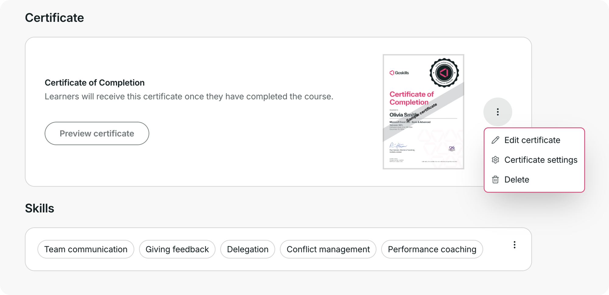 Certificate menu showing Edit certificate, Certificate settings, and Delete options.
