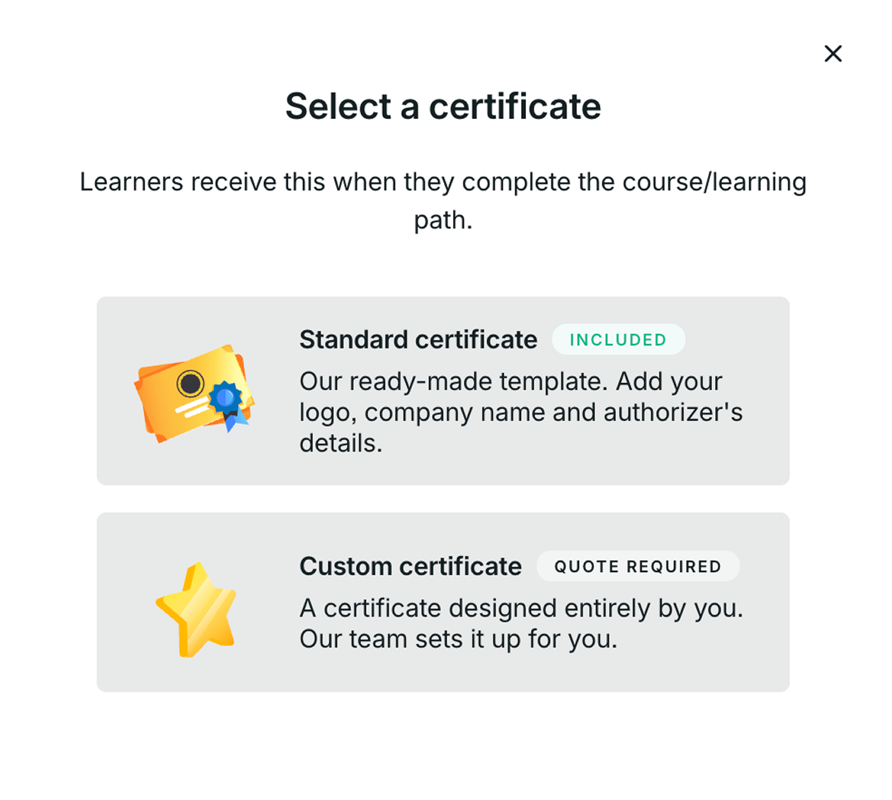 Certificate selection showing standard and custom certificate options.