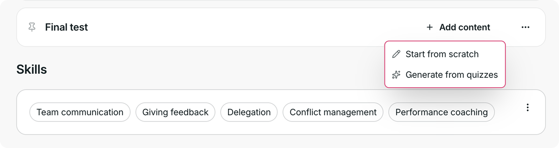 Final test with options to start from scratch or generate from quizzes.