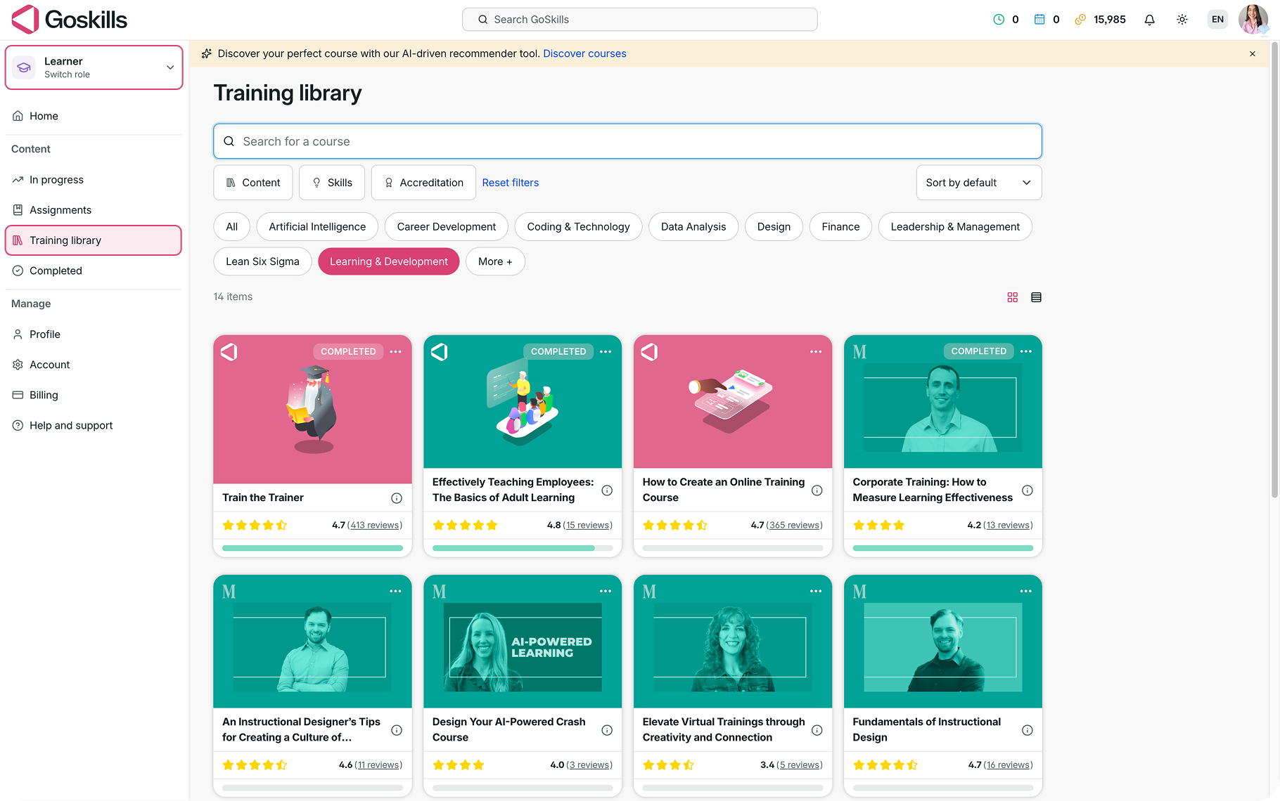 GoSkills Training library showing courses available to learners.