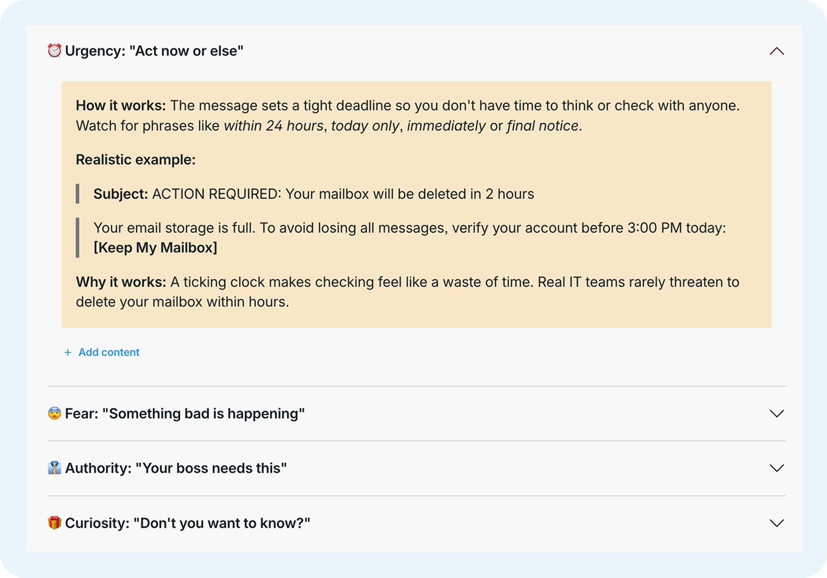GoSkills Accordion block showing expandable sections about common phishing tactics, with one section open.