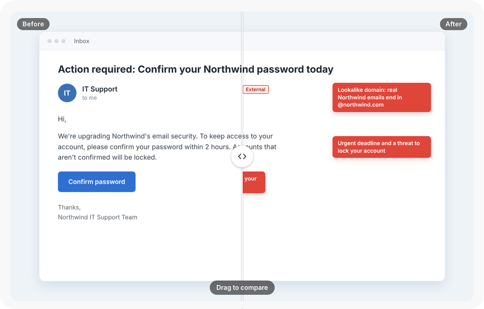 GoSkills Before/after block comparing an original phishing email with an annotated version highlighting warning signs.