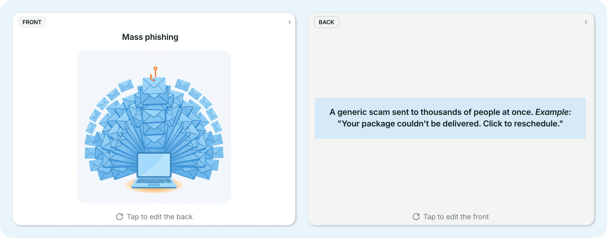 GoSkills Flashcards block showing illustrated cards about different types of phishing attacks.
