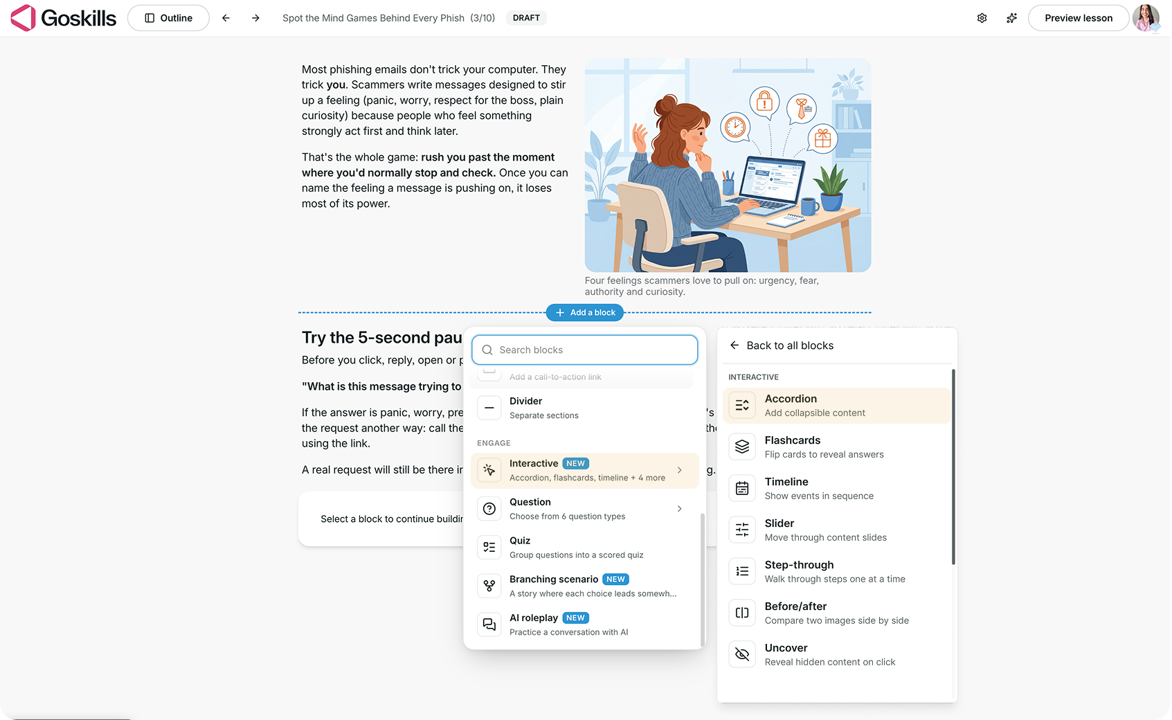 GoSkills Course Builder showing the Add a block menu, with Accordion highlighted under Interactive.