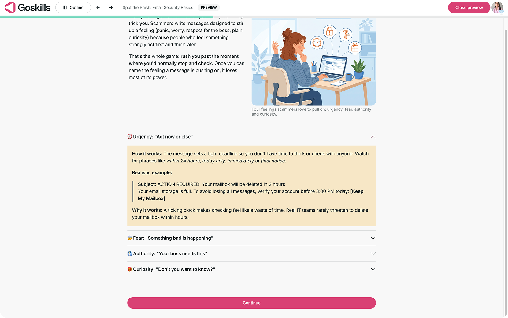 Expanded Urgency section in a GoSkills Accordion block, showing an explanation of the phishing tactic, a sample email, and why the tactic works.