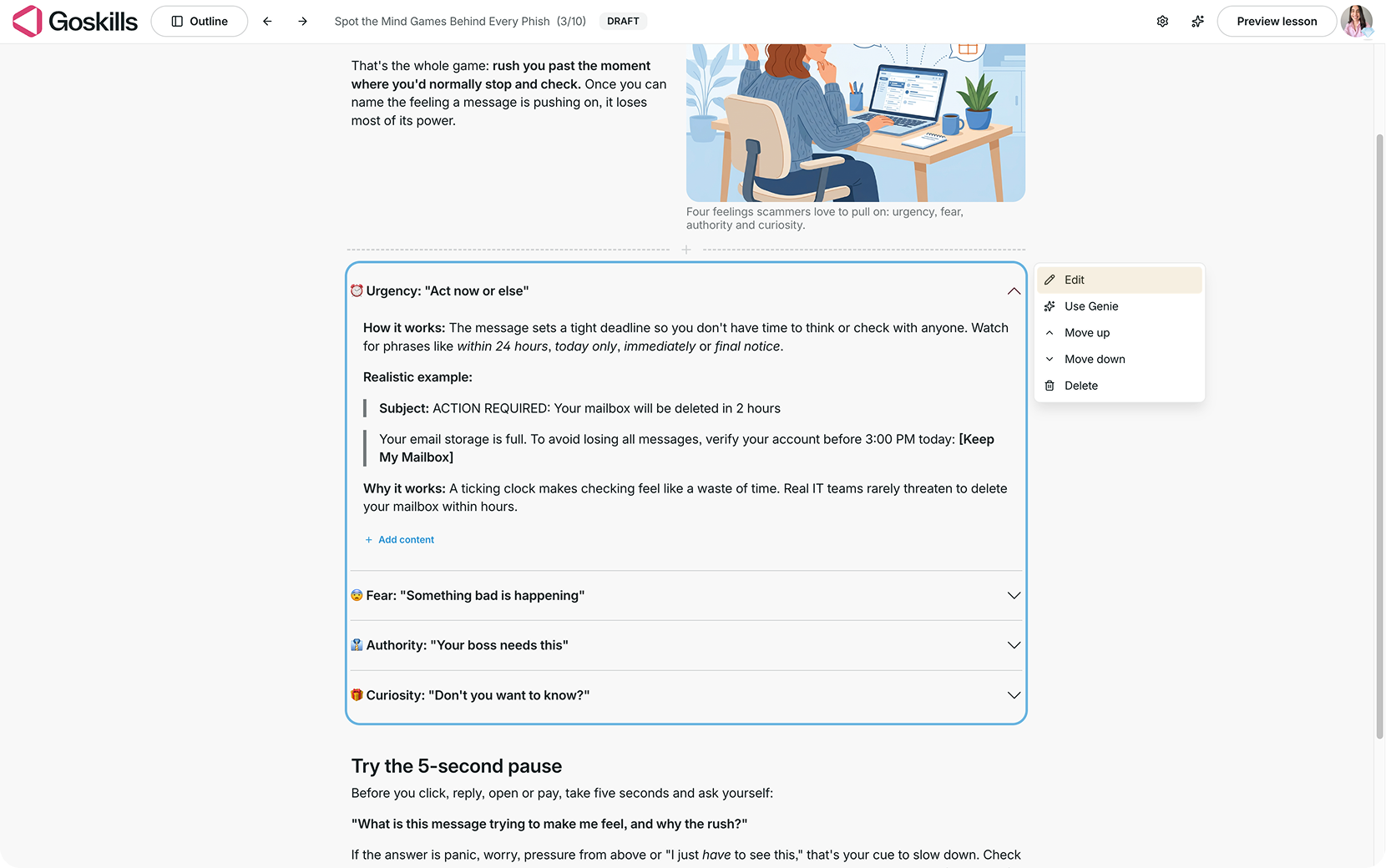 Accordion block selected in the GoSkills Course Builder, showing options to edit, use Genie, move, or delete the block.