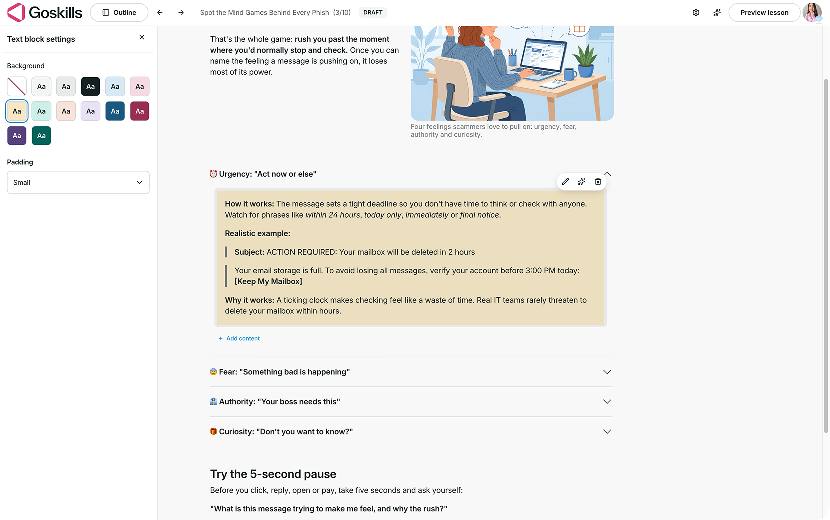 Text block settings in the GoSkills Course Builder, showing background color options and padding sizes for content inside an Accordion block.