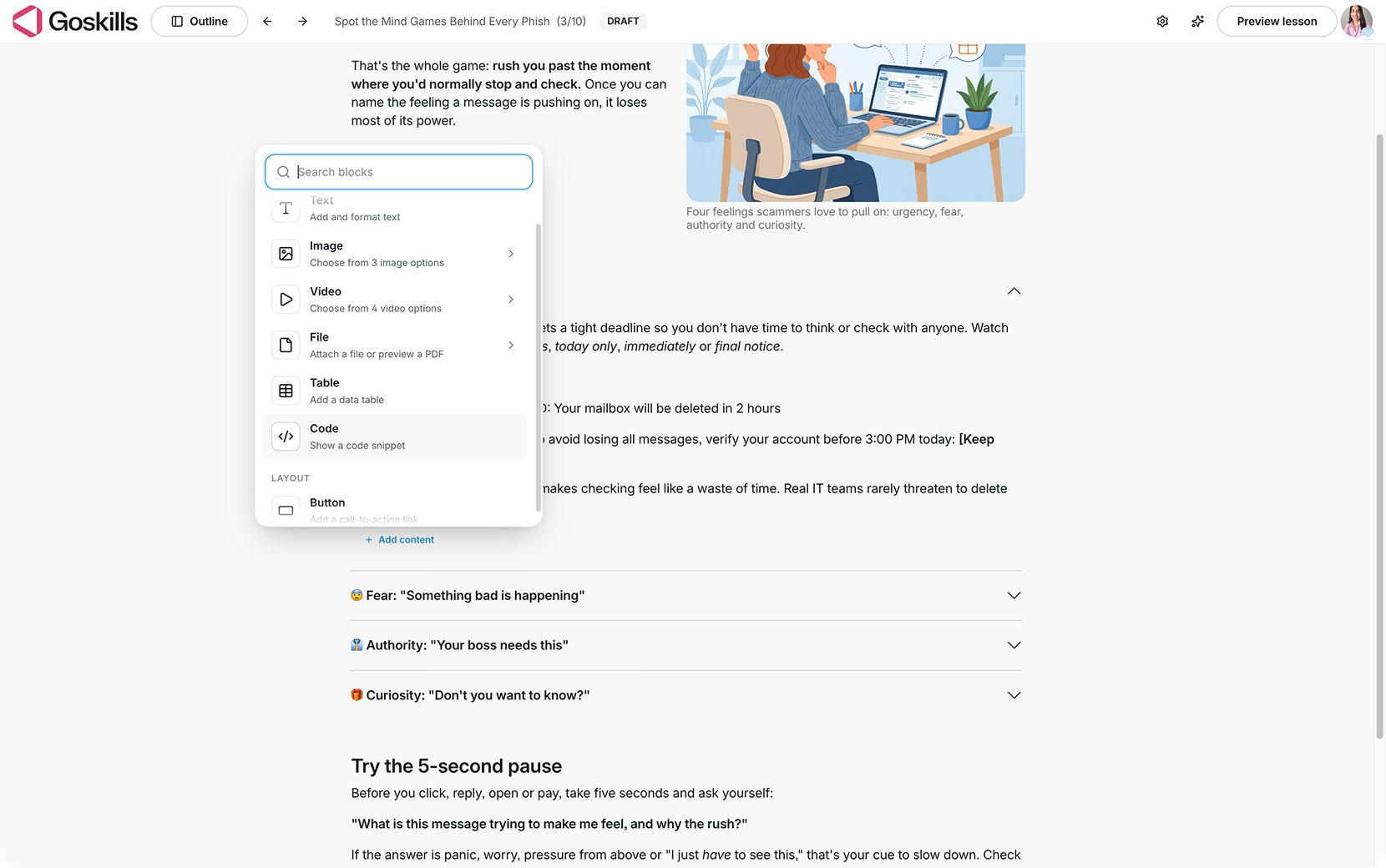 Adding content inside an expanded Accordion block in the GoSkills Course Builder, with options for text, images, videos, files, tables, and code.