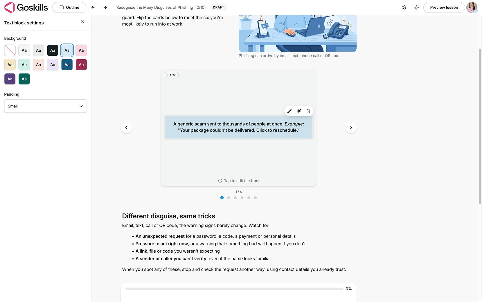 Flashcard text block settings in GoSkills, showing background color and padding options.