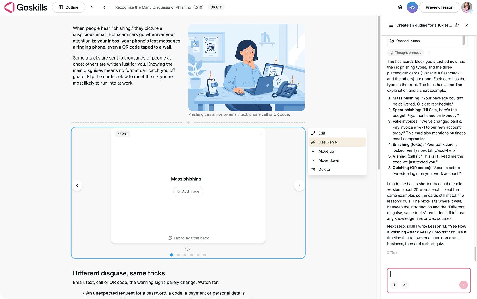GoSkills Course Builder showing Genie-generated flashcards about different types of phishing attacks.