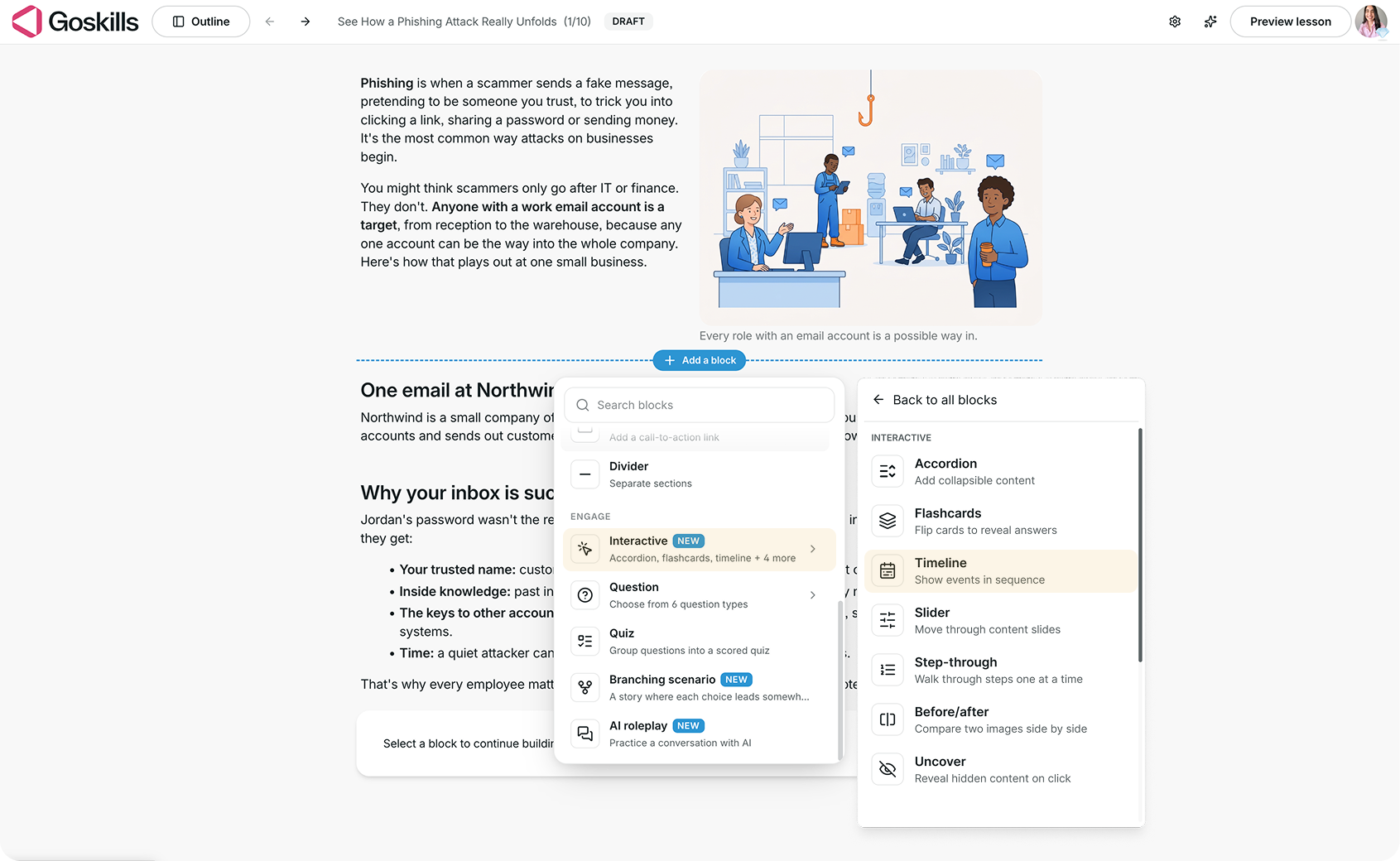 GoSkills Course Builder showing the Timeline option under Interactive in the Add a block menu.