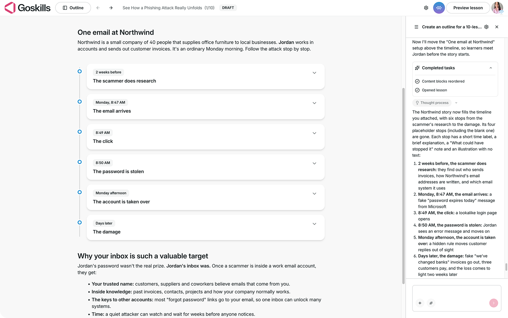 GoSkills Course Builder showing a six-event phishing attack timeline generated with Genie, alongside the Genie AI assistant panel.
