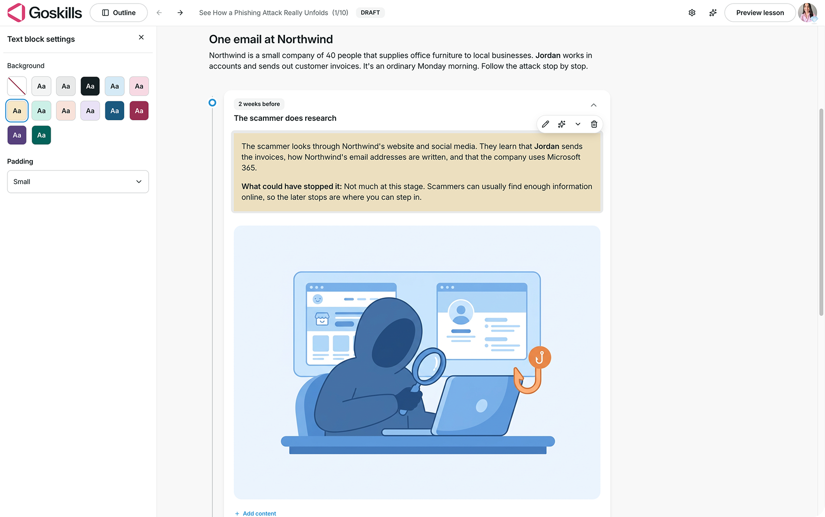 GoSkills Timeline event showing text block settings for background color and padding, with a highlighted text section and supporting illustration.