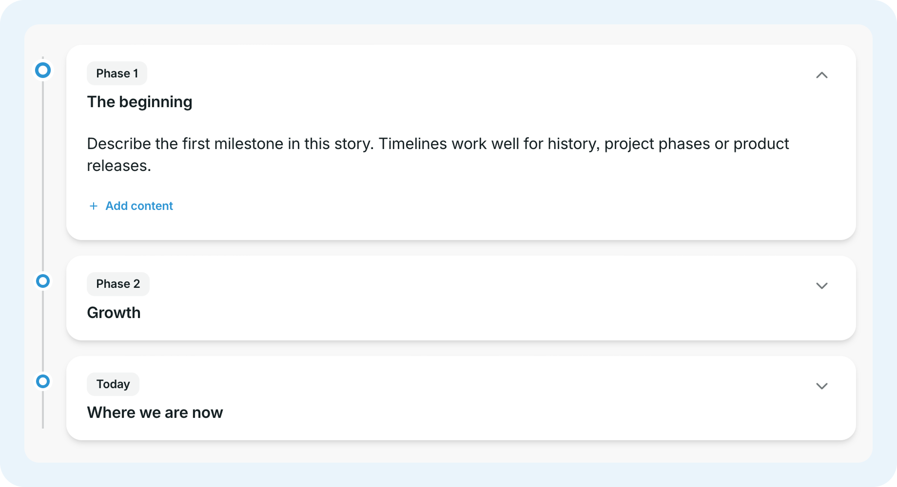 Timeline block in GoSkills showing three expandable milestones: The beginning, Growth, and Where we are now.